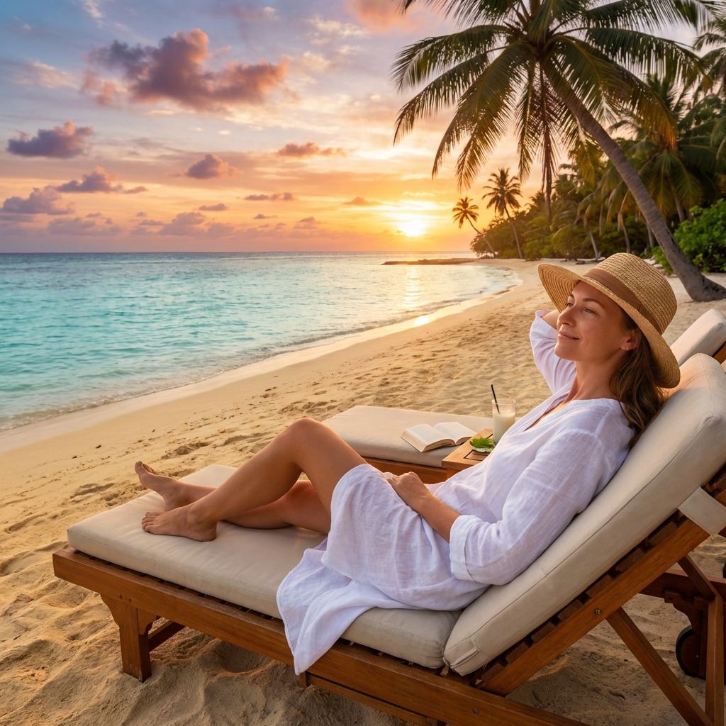 황금빛 노을이 물드는 열대 해변에서 하얀 린넨 드레스를 입고 선베드에 누워 칵테일을 즐기며 파도 소리를 들으며 여유로운 휴식을 취하는 여성의 평화로운 순간