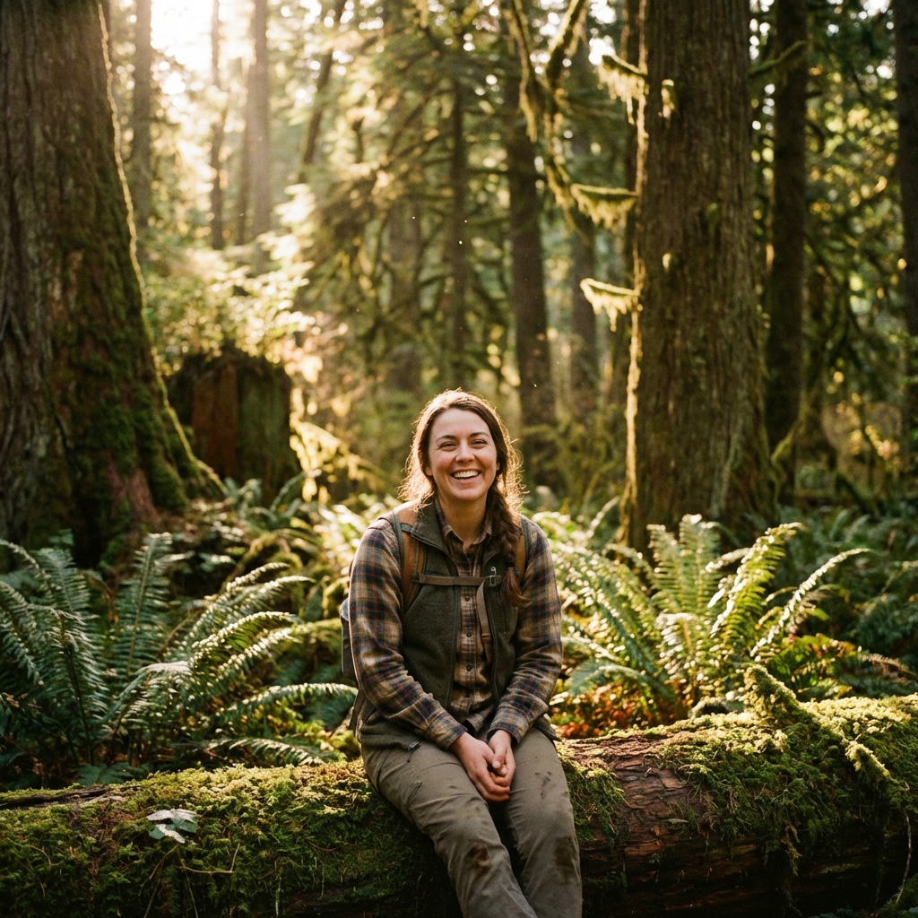 이끼 낀 고목들 사이로 쏟아지는 신비로운 햇살 아래, 체크무늬 플란넬 셔츠를 입고 자연의 품에서 진심 어린 미소를 짓는 여성의 따뜻한 순간 포착