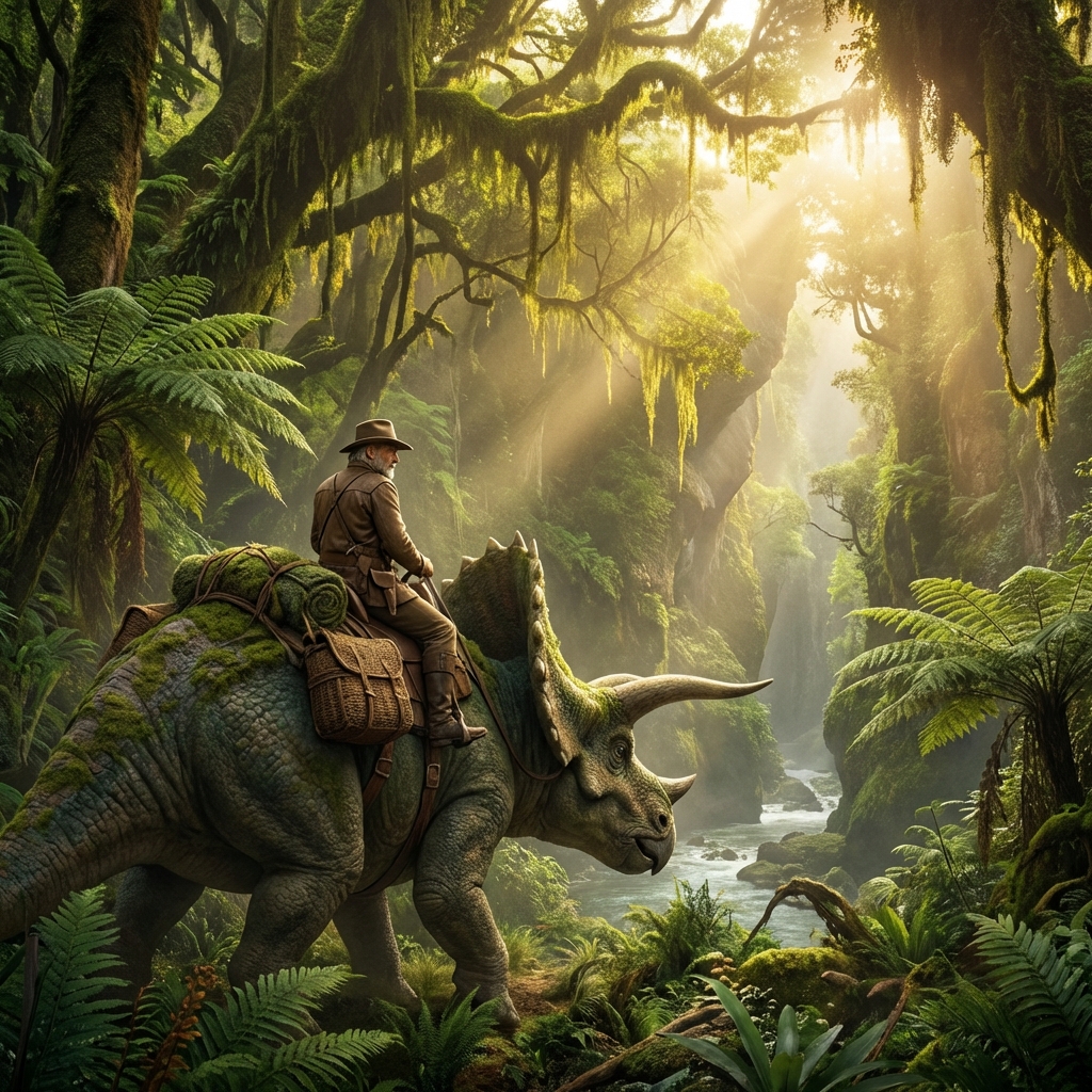 울창한 선사시대 정글을 배경으로 거대한 트리케라톱스 등에 올라타 미지의 세계를 탐험하는 용감한 모험가의 영화 같은 판타지 장면