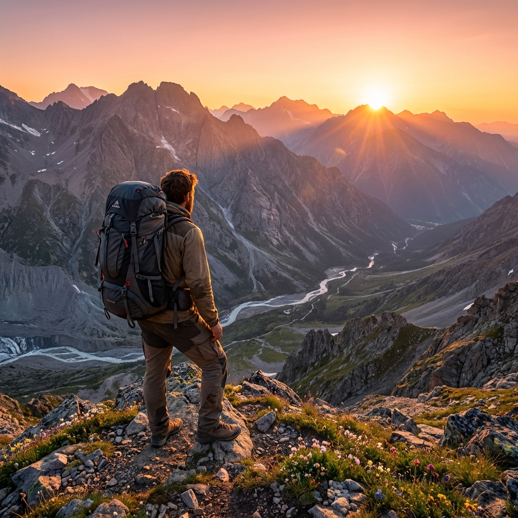 장엄한 알프스 산맥의 일출을 배경으로 등산 배낭을 메고 바위 정상에 서서 구불구불한 계곡을 내려다보는 여행자의 숨막히는 모험 사진