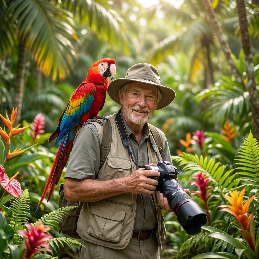열대 정글의 화려한 꽃들 사이에서 빨간 마코앵무새를 어깨에 올리고 전문 카메라로 자연을 촬영하는 야생 동물 사진작가의 생동감 넘치는 장면