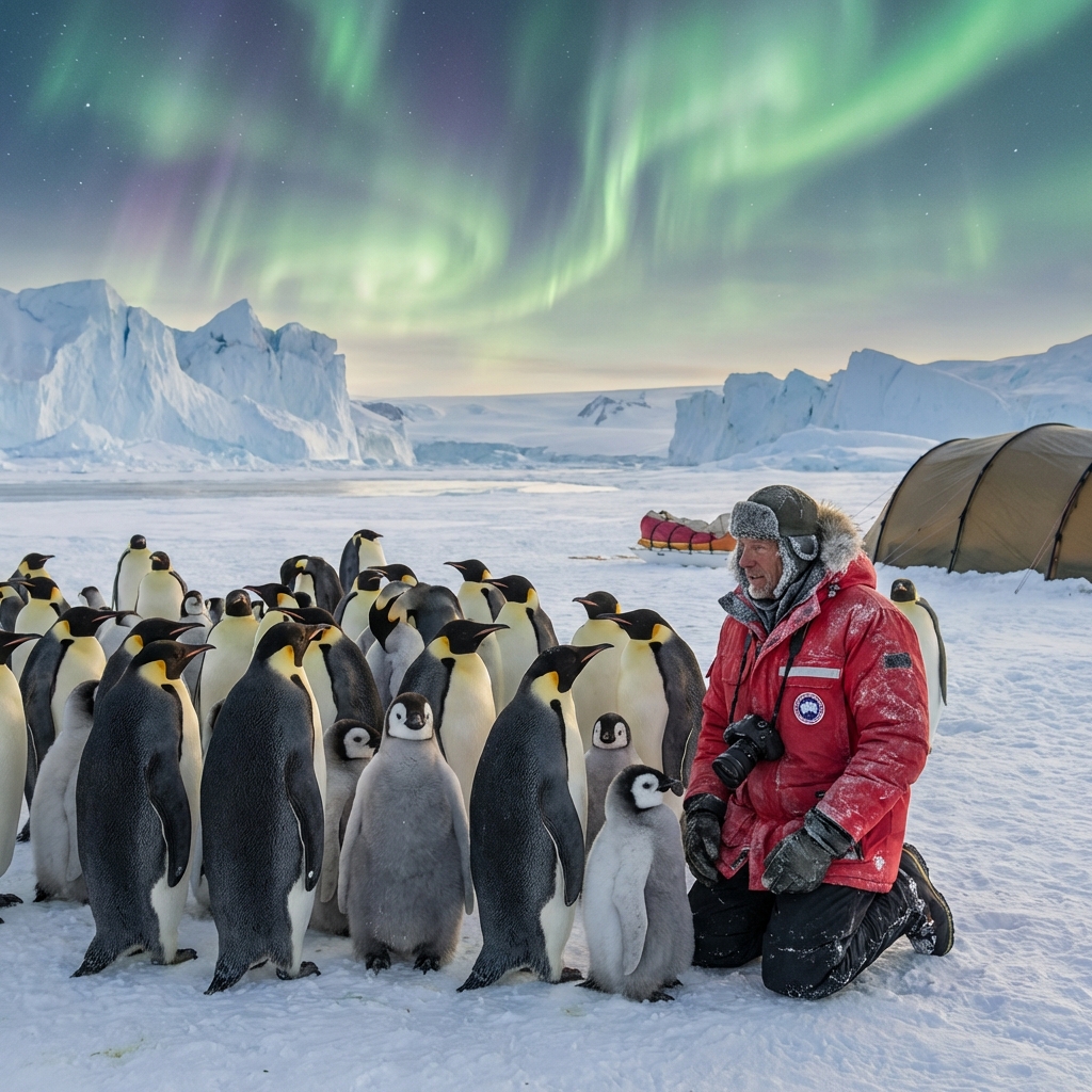 오로라가 하늘을 수놓는 남극 빙원에서 수십 마리의 황제펭귄 무리와 함께 무릎을 꿇고 교감하는 붉은 파카를 입은 탐험가의 감동적인 장면