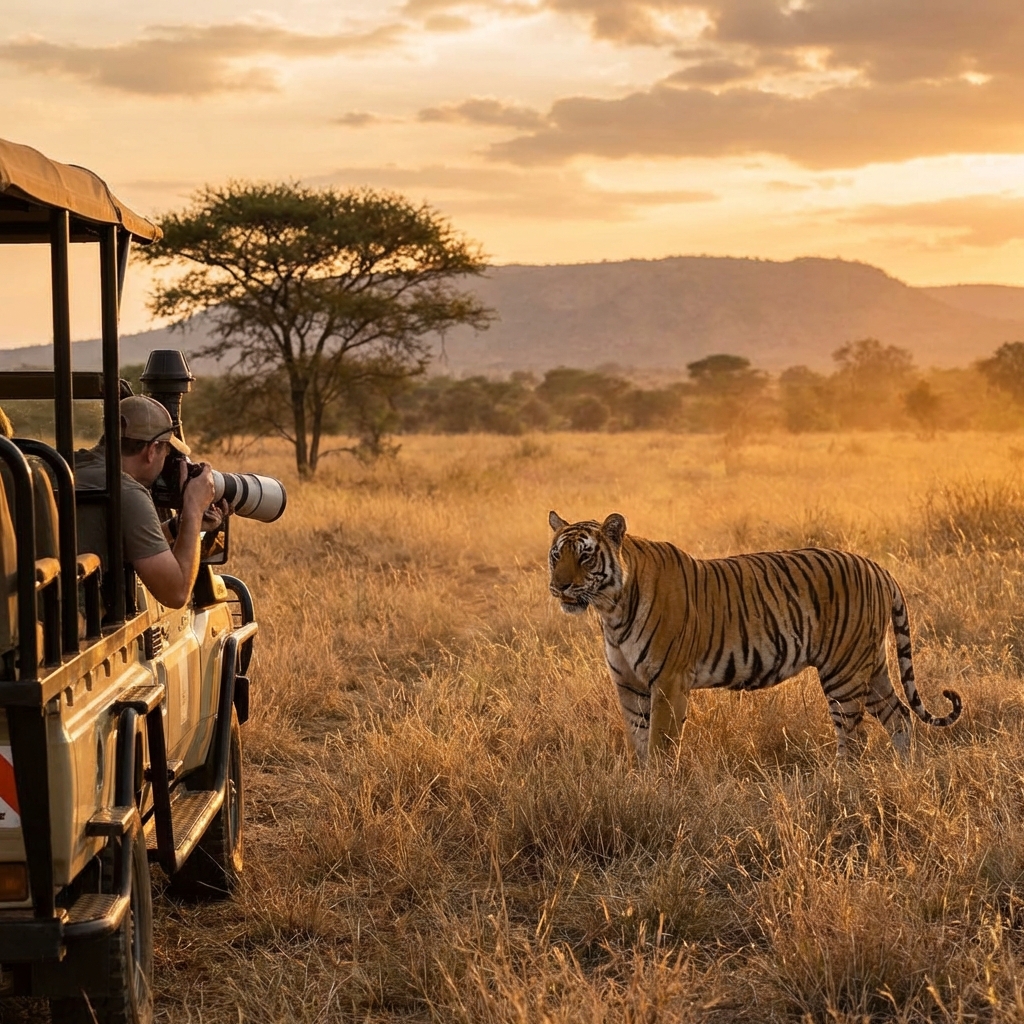 아프리카 사바나의 황금빛 석양 아래, 사파리 지프에서 위풍당당한 벵갈 호랑이와 가까이서 마주하며 카메라에 담는 야생 사진작가의 스릴 넘치는 순간