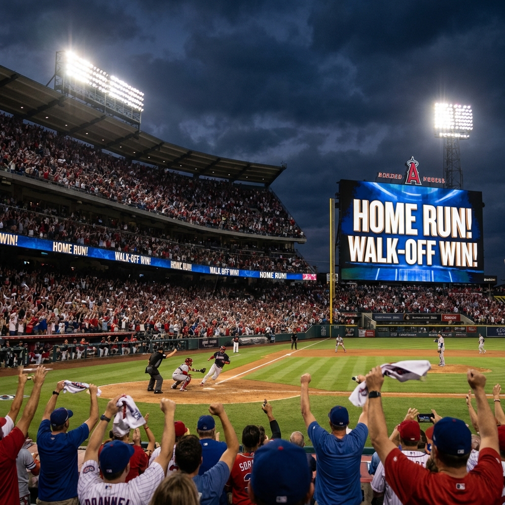 만원 관중이 열광하는 메이저리그 야구장에서 결승 홈런이 터지는 순간, 전광판에 'HOME RUN!'이 빛나고 팬들이 환호하는 극적인 경기 장면